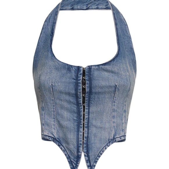 Miaou Denim Halter Top Denim Vest Miaou Dani Halter Crop Top Corset - Picture 1 of 11